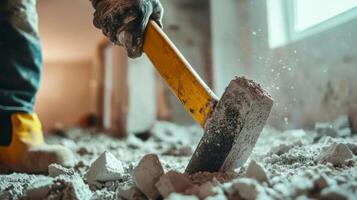 Close-up of a Worker Demolishing Concrete with a Sledgehammer photo