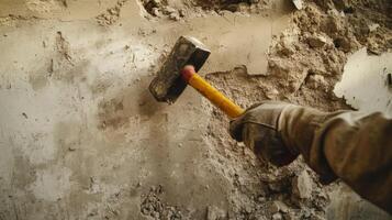 A gloved hand wielding a sledgehammer against a crumbling wall. photo