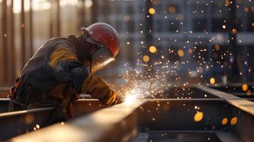 Welder working on a metal beam with sparks flying photo