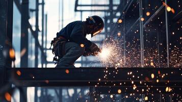 Welder Working on Steel Structure with Sparks Flying photo