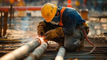 Construction Worker Welding Steel Rebar on a Construction Site photo