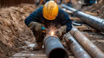 Construction Worker Welding Large Pipes in a Trench photo