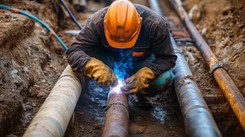 Welder Working on Underground Pipes in a Trench photo
