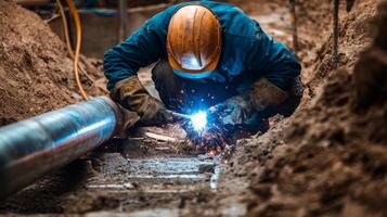 Construction Worker Welding a Large Pipe in a Trench photo