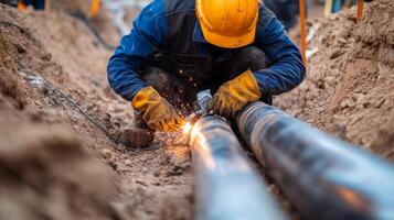 Construction Worker Welding Pipes in a Trench photo