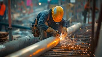 Construction Worker Cutting Metal Pipe with Sparks Flying photo