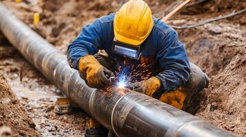 A Construction Worker Welding a Large Metal Pipe in a Trench photo