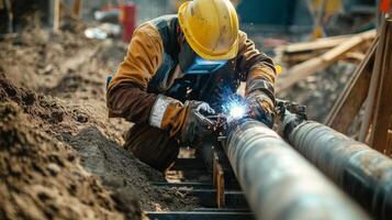 Welder working on a large pipeline in a construction site photo