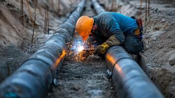 Construction Worker Welding Pipes in a Trench photo