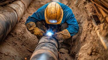 Welder in a Trench Repairing a Large Pipe photo