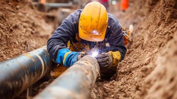 Construction Worker Welding Pipes in a Trench photo