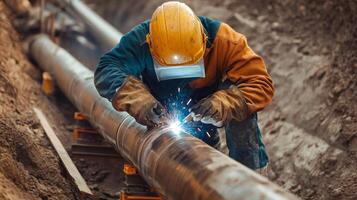 Welder in Protective Gear Working on a Large Pipe photo