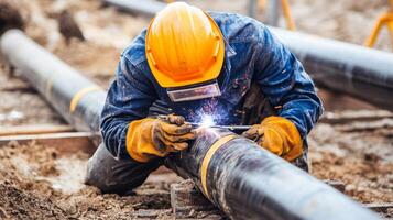 Welder in Yellow Hardhat and Gloves Works on Pipeline photo
