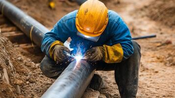 Construction Worker Welding a Large Pipe in a Trench photo