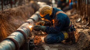 Welder in Safety Gear Working on Pipe with Sparks photo