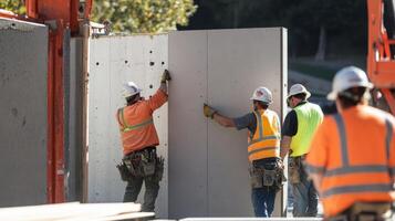 Construction Workers Installing Concrete Panels on a Building Site photo