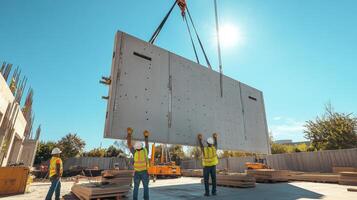 Construction Workers Guide Large Concrete Panel with Crane photo