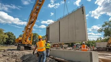 Construction Workers Using a Crane to Lift a Large Concrete Wall Panel photo