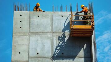 Two Construction Workers on a Lift Platform Working on a Concrete Wall photo