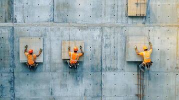Three Construction Workers on a Concrete Wall photo
