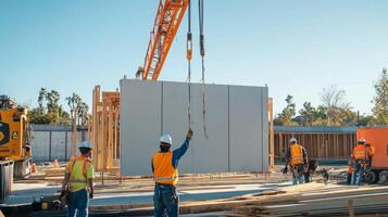 Construction Workers Lifting a Concrete Wall Panel with a Crane photo