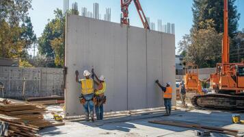 Construction Workers Installing a Concrete Wall Panel photo