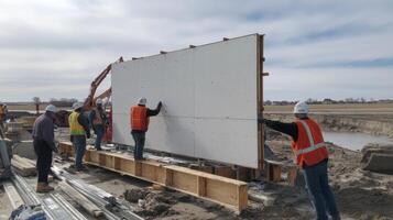 Construction Workers Installing a Large Panel on a Site photo