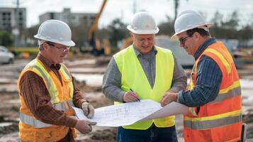 Three Construction Workers Reviewing a Blueprint photo