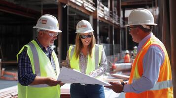 Construction Workers Reviewing Blueprint at Site photo