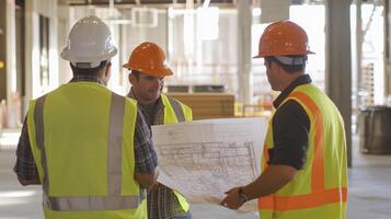 Construction Workers Reviewing Blueprint in Under Construction Building photo
