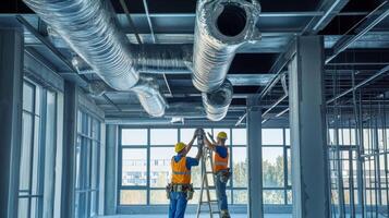 Construction Workers Installing Ventilation System in a Building photo