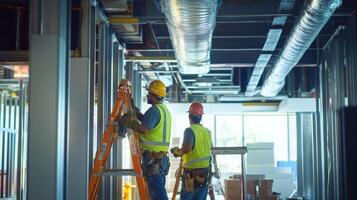 Construction Workers Inside Building Under Metal Ductwork photo