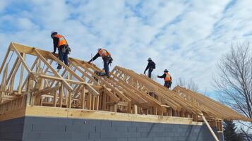 Construction Workers Building a Wooden Roof Frame photo