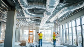 Two Construction Workers Installing Ventilation System in New Building photo