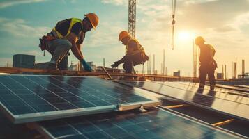 Construction Workers Installing Solar Panels on Rooftop photo