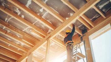 Construction Worker Installing Wooden Beams on a New Home photo