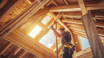 Construction Worker Installing Skylight in New Home photo
