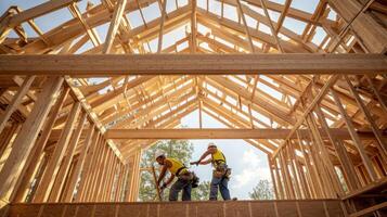 Two Construction Workers Framing A Roof On A New Home photo
