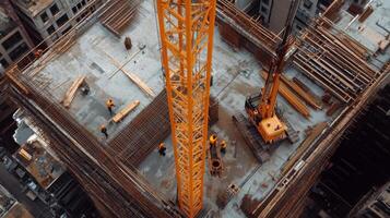 Aerial View of Construction Site with Crane and Workers photo