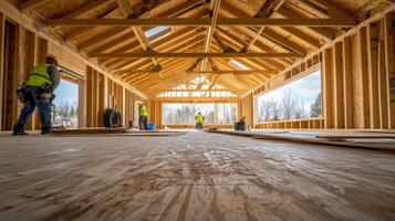 Workers in a New Home Construction Frame photo