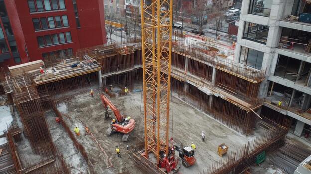 Construction Site with Tower Crane and Workers photo