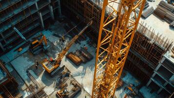 Construction site with crane and excavators viewed from above photo