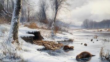 Two Beavers by a Frozen River in a Winter Forest photo
