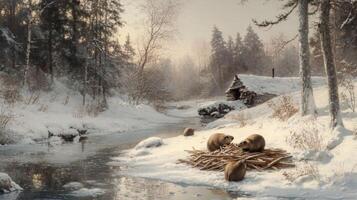 Beavers Gather Wood Near a Cabin in a Snowy Forest photo