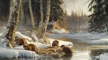 Beavers Building a Dam in a Winter Forest Landscape photo
