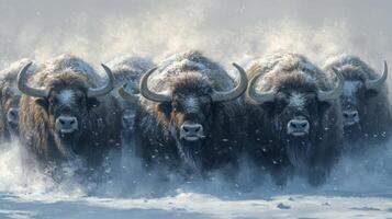 A Herd of Musk Oxen Walking Through a Blizzard photo