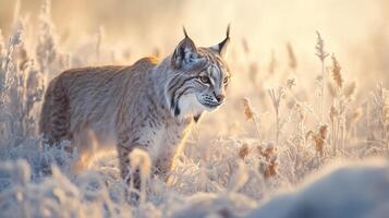 Lynx in a Snowy Meadow at Sunrise photo