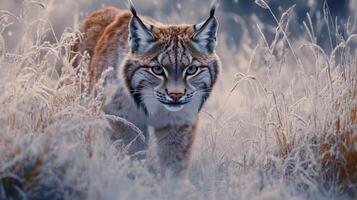 Lynx in Frosted Grass, Watching intently photo