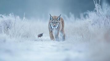 A Lynx Walks Through a Frosty Winter Landscape photo