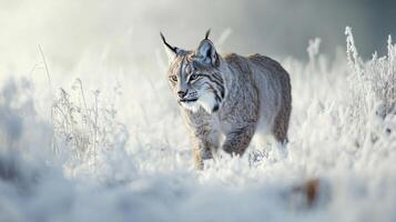 A Lynx Walking Through a Frosty Meadow photo